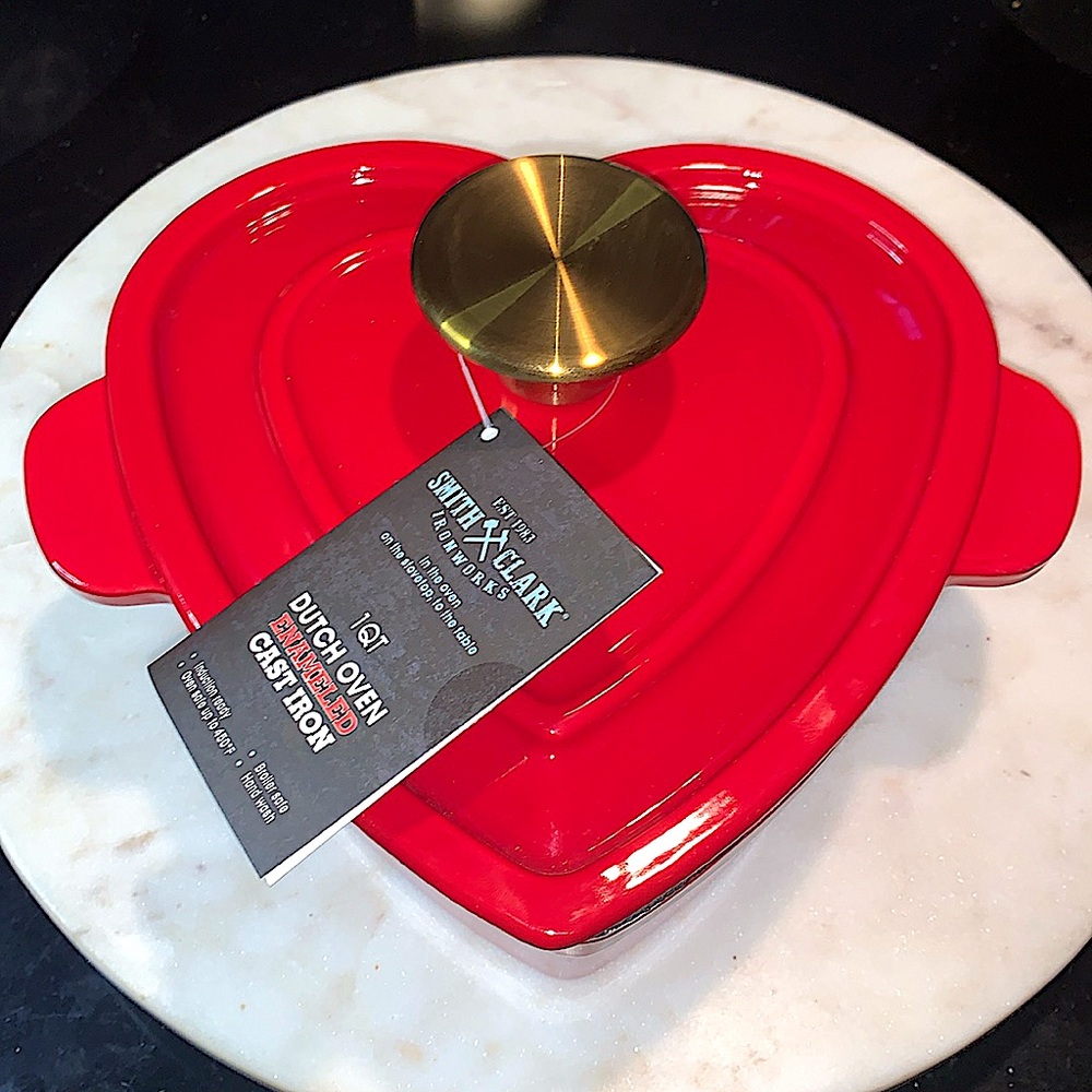 SMITH & CLARK IRONWORKS HEART 2 PC DUTCH OVEN 1 QT RED ENAMEL NEW